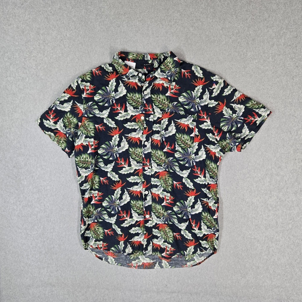 Banana Republic Men Button Up Shirt L Navy Linen Casual Shirt Floral Hawaiian